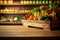 Empty wood table top on shelf, Vegetable and Fruits Store blurred background AI Generated