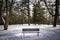 Empty wooden bench and snow on the grounds