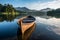 An empty wooden boat glides across a calm lake, offering a sense of tranquility and peacefulness
