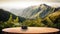 The empty wooden brown table top with blur background of New Zealand nature. Generative AI AIG30.