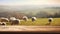 The empty wooden brown table top with blur background of sheep pasture. Exuberant.