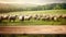 The empty wooden brown table top with blur background of sheep pasture. Exuberant.