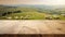 The empty wooden brown table top with blur background of sheep pasture. Exuberant.