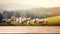 The empty wooden brown table top with blur background of sheep pasture. Exuberant.