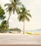 Empty wooden with coconut tree and sea background for product display.