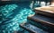 Empty wooden deck swimming pool steps with clear water surface background