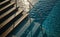 Empty wooden deck swimming pool steps with clear water surface background