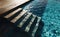 Empty wooden deck swimming pool steps with clear water surface background