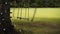 Empty wooden eco-friendly swing hangs on large oak tree on summer day.