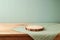 Empty wooden log on table with modern tablecloth. Kitchen mock up for design and product display