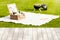Empty wooden picnic table with hamper and BBQ