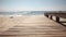 Empty wooden pier with view on sandy beach. Free space for text or product placement