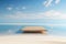 Empty Wooden Platform on Serene Beach with Majestic Mountains and Fluffy Clouds - Minimalist 3D Render for Luxurious and