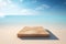 Empty Wooden Platform on Serene Beach with Majestic Mountains and Fluffy Clouds - Minimalist 3D Render for Luxurious and