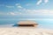 Empty Wooden Platform on Serene Beach with Majestic Mountains and Fluffy Clouds - Minimalist 3D Render for Luxurious and