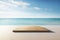 Empty Wooden Platform on Serene Beach with Majestic Mountains and Fluffy Clouds - Minimalist 3D Render for Luxurious and