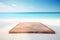 Empty Wooden Platform on Serene Beach with Majestic Mountains and Fluffy Clouds - Minimalist 3D Render for Luxurious and