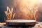 Empty wooden round podium for presentation on brown rustic background with wheat ears and steam