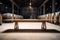 empty wooden table against the backdrop of a huge wine hangar