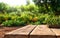 Empty wooden table on the background of farmer\\\'s fields, vegetable garden with harvest. Ready for product display montages.