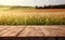 Empty wooden table on the background of a field with wheat.Ready for product display montages.Generative AI