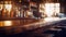 Empty wooden table and bar counter in pub or restaurant. Blurred background