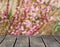 Empty wooden table with blurred blossoming branches on background