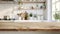 Empty wooden table with a blurred kitchen bench in the background, minimalist interior concept