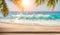 Empty wooden table, blurred summer sea background with copy space for your product