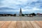 Empty Wooden Table with Blurred Wat Arun Temple.