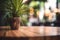 Empty Wooden table in a cafe shop close-up. Summer tropics palm trees. Blurred background