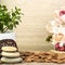 Empty wooden table decorated with organic things, stones, plants