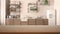 Empty wooden table, desk or shelf with blurred view of modern kitchen close up, cabinets and shelves, refrigerator and appliances