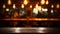 Empty Wooden Table in Front of Abstract Blurred Restaurant Lights Background. AI