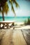 Empty wooden table in front of blurred paradisiac beach made with Generative AI.