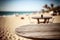 Empty wooden table on outdoor beach cafe and chair with blurred nigh city and boke