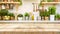 Empty wooden table positioned against kitchen bench with beautifully blurred background ambiance