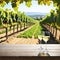An empty wooden table for product blurred french vineyard in the