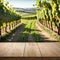 An empty wooden table for product Blurred french vineyard in the