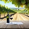 An empty wooden table for product blurred french vineyard in the