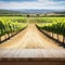 An empty wooden table for product Blurred french vineyard in the