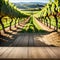 An empty wooden table for product Blurred french vineyard in the