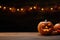 Empty wooden table with pumpkin for product display. Halloween background. Generative AI