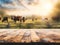 Empty Wooden Table Rustical Style For Product Presentation With A Blurred Cows On Grass In The Background - A Wooden Table With