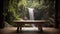 An empty wooden table sits against a tropical jungle and waterfall, inviting product showcases