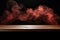 empty wooden table with smoke float up on dark background