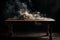 Empty wooden table with smoke float up on dark background, perspective wooden floor shelf table, used as a studio