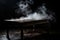 Empty wooden table with smoke float up on dark background, perspective wooden floor shelf table, used as a studio