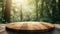 Empty Wooden Table in a Sunlit Forest Setting.