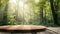Empty Wooden Table in a Sunlit Forest Setting.